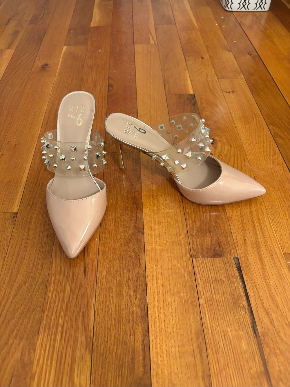 Mix No. 6 Nude Patent Pointed Toe Mules with Clear Studded Strap